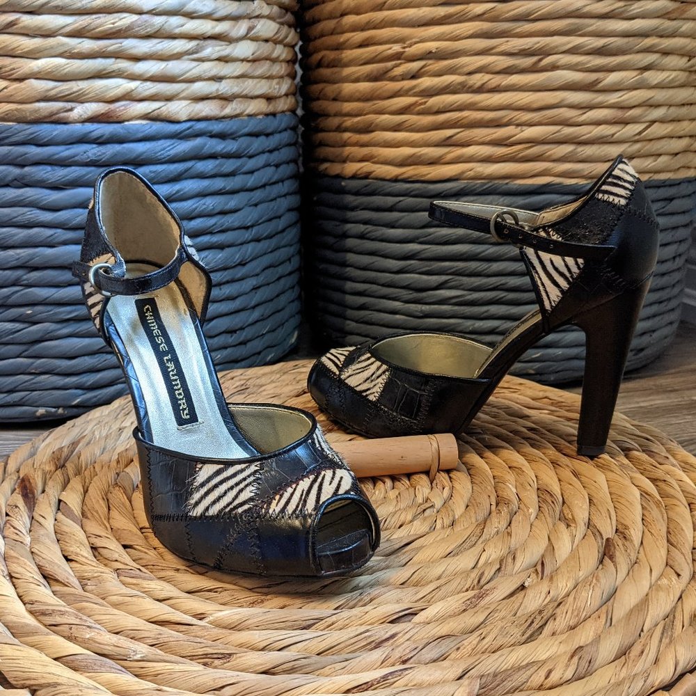 EUC (W6.5) - CHINESE LAUNDRY Zebra Patchwork Peeptoe Mary Jane